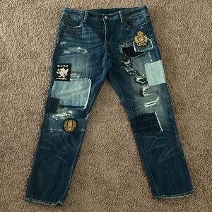 Ralph Lauren Polo Patchwork R.L.P.C. Patched Denim Boyfriend Jeans Size 30 Blue